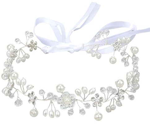 CABODYALS Couronne de Cheveux en Perles de Fleurs Blanches Perles Argentées Serre Tête de Vigne Style Bohème Vintage Bijoux de Mariée en Cristal Bandeaux pour Femmes Robes de Mariée Accessoires de Fêt