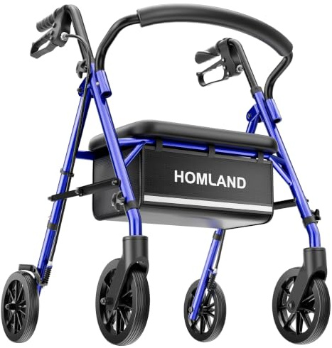 HOMLAND Lightweight Folding Rollator Walker with Seat, All-Terrain | Compact for Trunks & Small Doorways, 136kg Stable Support, ErgoComfort Mobility Walker with Bag & Brakes, Height Adjustable