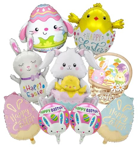 9 Pcs Easter Foil Balloons 37 Inch Bunny Balloon Easter Egg Chick Happy Easter Mylar Balloons Party Decorations