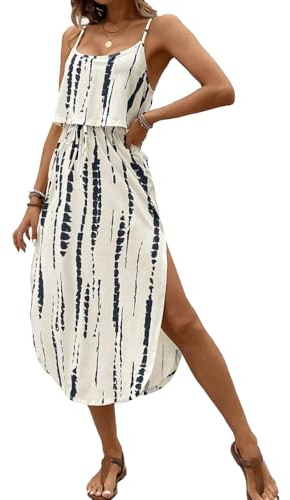 JENJON Robe Pull Femme à Été sans Manches Robes Chic et Elegant de Plage à col en U avec Cordon de Serrage A-Blanc L