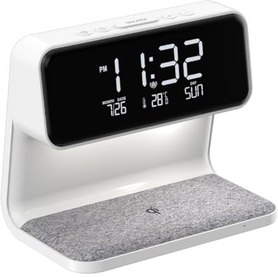 Prterver Reloj Despertador con Carga InaláMbrica y Luces EstacióN de Carga de Reloj Despertador Digital Regulable para Dormitorio, Oficina Junto A la Cama