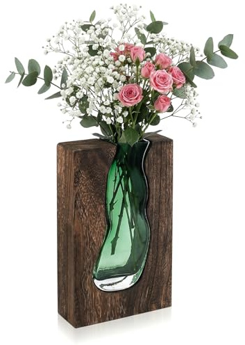 Jarrones de Cristal, Jarrones Decorativos Modernos, Jarron Cristal Decoracion con Base de Madera, Jarrón Flores para Decoración de Centro de Mesa Decorativo Floreros Boda Decorativos(Alto 24 cm)