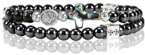 SHIEAGLELD Rosary Bracelet, Obsidian Bracelet for Men, Catholic Bracelets with Cross, Spiritual Gift for First Communion, Baptism, Confirmation and Mass, Black With St Michael's Medal