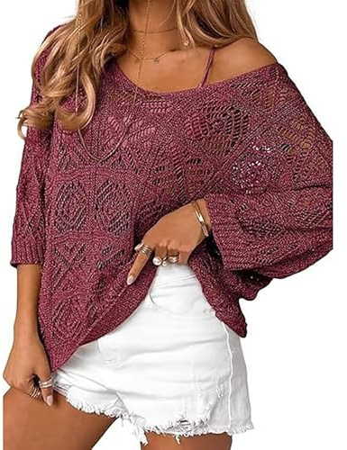 Generico Maglione Estivo da Donna a Maniche Corte Stile Casual Lavorato all'Uncinetto Top in Maglia Traforata vestibilità Comoda Quotidiano,Comodo