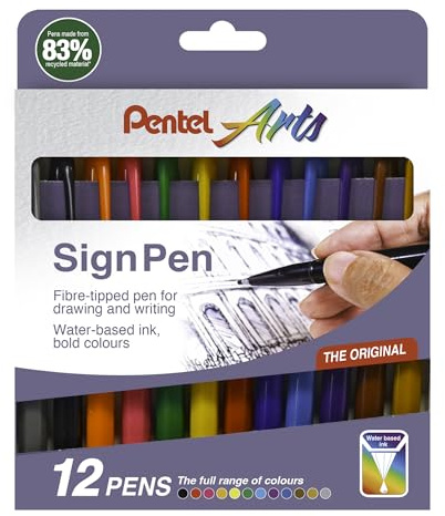 Pentel S520 Sign Pen, 2.0mm Fibre Tip 1.0mm Line, Original Colours (Wallet of 12)