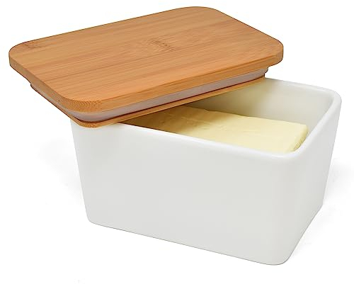 Joeji's Portaburro da Frigo in Ceramica Bianca con Coperchio in Bambù – Burriera 500 ml Ermetica per Burro Fresco – Porta Burro Grande da Tavola per Cucina e Frigorifero