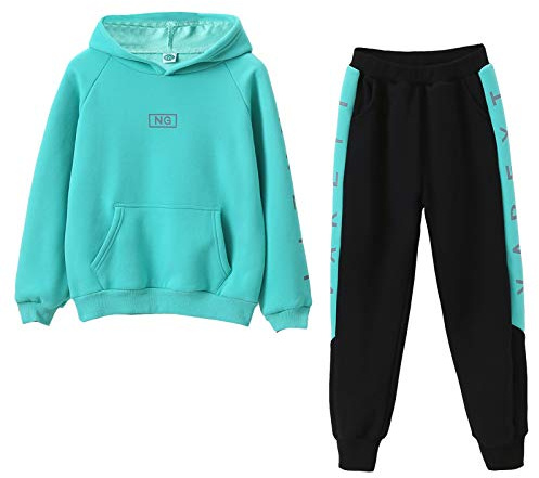 SXSHUN Tuta Sportiva da 2 Pezzi per Bambina Tuta Sportiva Tuta da Jogging Completo di Felpa e Pantaloni Motivo a Righe con Lettere, Verde, 12-14 anni