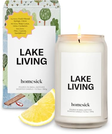 Homesick Scented Candles for Home (Lake Living) - 13.75 oz Long-Lasting Soy Wax Blend Jar Candle Gifts for Women & Men, 60-80 Hours Burn Time - Notes of Fresh Mineral Springs, Water Lotus & Pine