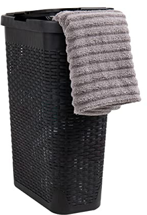 Mind Reader Basket Collection, Slim Laundry Hamper, 40 Liter (15kg/33lbs) Capacity, Cut Out Handles, Attached Hinged Lid, Ventilated, Black