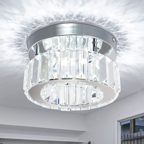 CLAIRDAI Mini Moderna Araña de Cristal Al Ras LED Redonda Lámpara de Techo Colgante Para Sala de Estar, Cocina, Oficina, Dormitorio, Comedor, Isla (Redondo-Blanco Frío)