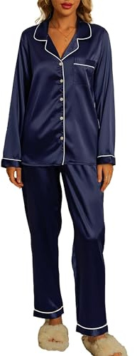 Xuepelit Silkessyjamas för kvinnor, satin, pyjamas, set med knappar, långa damer, brudtärna, pyjamas, två delar, silke, pyjamas för kvinnor, set, BLÅ, L