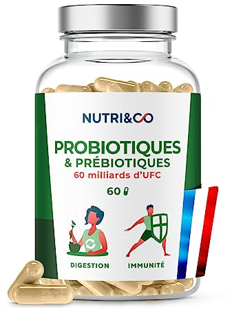 NUTRI & CO Probiotique Flore Intestinale - 60 Milliards UFC/jour - 9 Souches dont 2 Lactobacillus Brevetées - 60 Gélules Gastro-Résistantes aux Enzymes Digestives - Conditionné en France