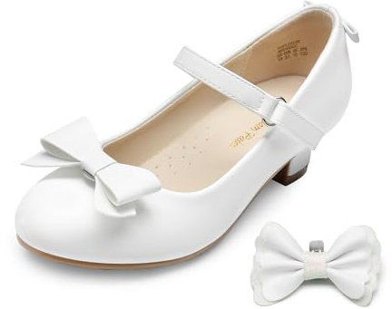 DREAM PAIRS Girls Mary Jane Shoes Toddler Little Girls Heels Sparkly Shoes with Interchangeable Bow for Flower Girl Wedding Party,Size 13 Little Kid,White,SDFL2322K