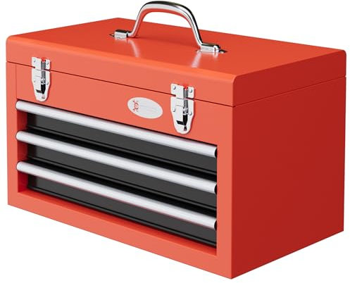 DURHAND Caisse Boite à Outils en Acier avec 3 tiroirs coulissants et 1 Plateaux, Poignée de Transport, verrouillable, Tapis antidérapants, dim. 45L x 24l x 27H cm, Rouge