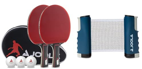 JOOLA Tischtennis Set Duo PRO 2 Tischtennisschläger + 3 Tischtennisbälle + Tischtennishülle & ausziehbares tragbares Tischtennisnetz Connect, Set – Spielen Sie Tischtennis überall, blau, M