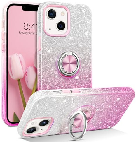 YINLAI for iPhone 13 Mini Case Bling Glitter Sparkle with Ring Holder Kickstand Girls Women Protective Phone Cover Case for iPhone 13 Mini 5.4 inch, Pink Gradient