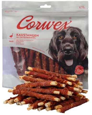 Corwex Aperitivo para perros en abrigo de pato, paquete maxi, sin cereales, delicioso masticable para perros sensibles, barra para masticar con pato (500 g)