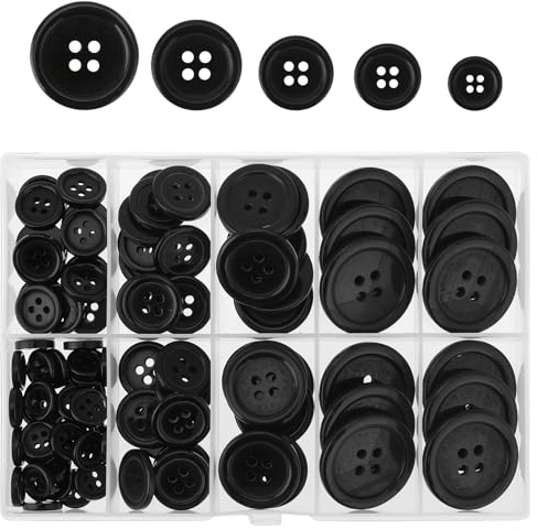 100 Stück Harz Knöpfe, 4 Loch Runde Hemdknöpfe 5 Größen Nähknöpfe mit Aufbewahrungsbox Schwarze Bekleidungknöpfe Kunstharz Bastelknöpfe für Jacke Mantel Hemd Kleider DIY Dekoration