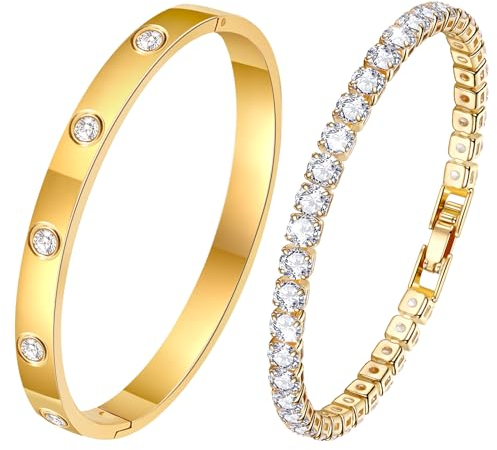 Ahokei Armreif Gold Armband Damen Schmuck,2PC Titan-Stahl Armband Set 17CM Edelstal Armbänder Tennisarmband Gold Armreifen Geschenk für Frauen Sie Mama