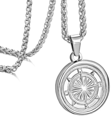 murtoo kedja herr, halsband med kompass hänge för män, vintage silver vaxsigill rostfritt stål halsband, oregelbunden rund berlock presentidéer för män kvinnor