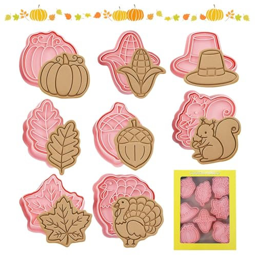 Set di 8 Formine per Biscotti di Autunno Stampini,Formine Biscotti Ringraziamento,Stampi Biscotti Autunno,3D Tagliabiscotti Ringraziamento,Tagliabiscotti Scoiattolo,Ringraziamento Formine per Biscotti