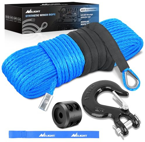 Nilight 1/4 Inch x 50 Feet Winch Rope Synthetic Winch Line Cable Universal for ATV UTV 4x4 Off-Road Vehicle 9000lbs Winch Line Ropes with Steel Hook Rubber Stopper Protective Sleeve Safety Strap,Blue