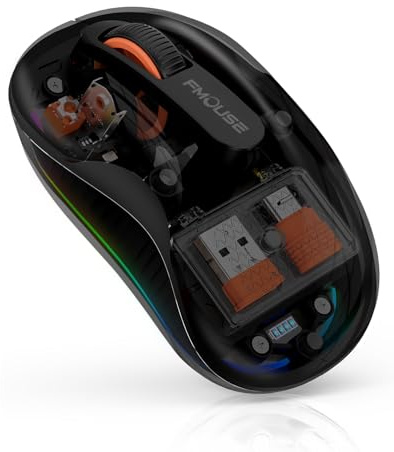 FMOUSE Novel Transparent Wireless Mouse, Tri-Mode (Dual Bluetooth+2.4GHz), USB-C Receiver Ideal for MacBook/Laptops/PC, Rechargeable, Portable, Silent, Clear Mice for Business Trips & Office - Black