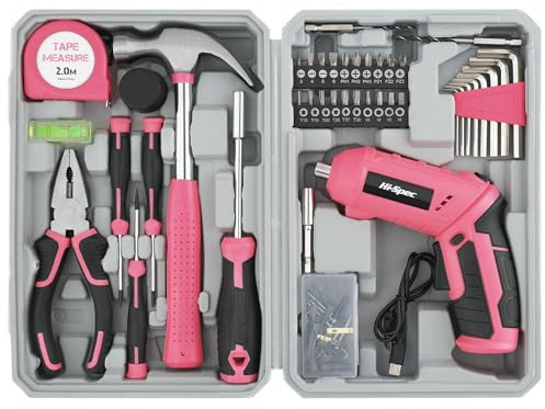 Hi-Spec 42pz Avvitatore Elettrico Rosa USB 4V & Set di Attrezzi per la Casa. Cacciavite a Batteria e Utensili Manuali in Valigetta Compatta