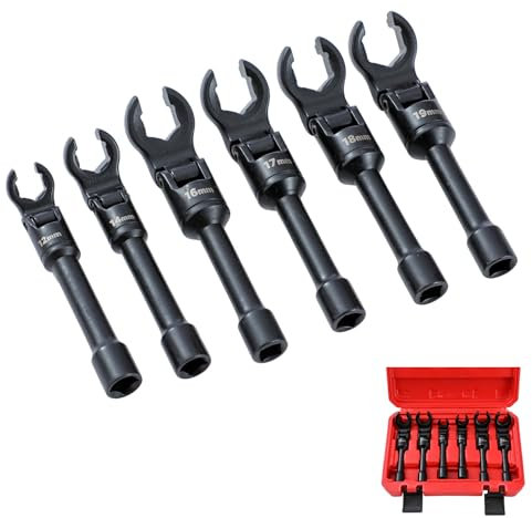 KATSU Tools 6 PCs Flex-Head Crows Foot Line Wrench Set 3/8 Drive 6-Point Metric 12/14/16/17/18/19mm Diesel Injector Fuel Line Socket Wrench Kit 449613