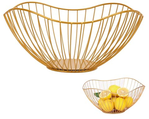 Lunayuomi® Metal Wire Fruit Bowl, Iron Arts Fruit Storage Baskets for Kitchen Counter, Countertop, Home Decor, Table Centerpiece Decorative hold Vegetables, Bread, Snacks, Potpourris (Golden-Wavy)