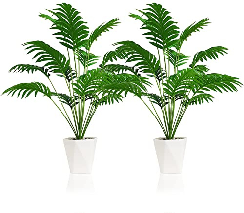 SAJANDAS Set of 2 Artificial Areca Palm Plants in Pots, 31 Inch Fake Tropical Palm Trees with Greenery Leaves and Stems, Faux Dypsis Lutescens Floor Plants for Store, Office, Home Decoration