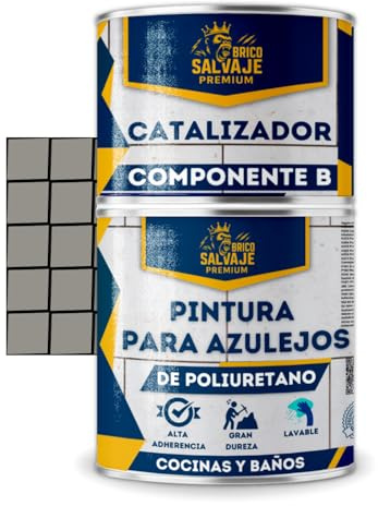 BRICOSALVAJE Pintura para Azulejos de Baño y Cocina Brillante Poliuretano 2 Componentes 600+150 Alta Adherencia y Resistencia a Agua y Limpieza (Ceniza Clara)