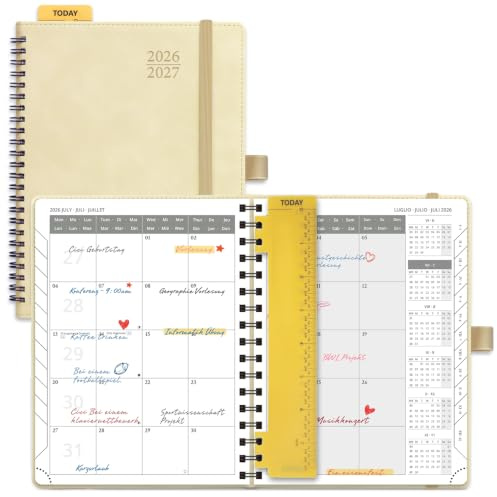POPRUN Agenda Månadskalender 2026 2027, Juli'26 - Dec'27, 18 Månader 22 x 16,5 cm, 2 Sidor per Månad, Skolkalender, Mjuk Spiralbindning, Linjal, Papper 100 gsm,Beige
