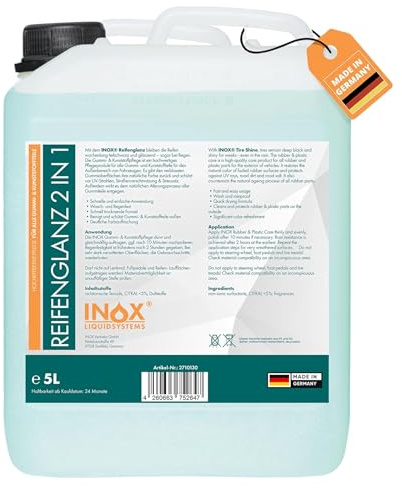 INOX® Reifenglanz - 5L Soin pour pneus et plastiques de voiture & soin pour caoutchouc pour l'extérieur - Noir - Entretien pour pneus et brillance - Entretien et nettoyant pour pneus de voiture - Noir