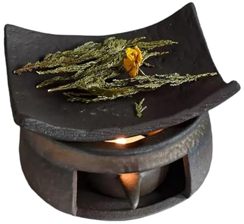 Cedar and Zen Herb Burner, Handmade Ceramic Aromatherapy Stove Essential Oil Burner & Wax Warmer, Zen Incense Burner with Tealight Candle Holder for Home, Office, Meditation & Relaxation
