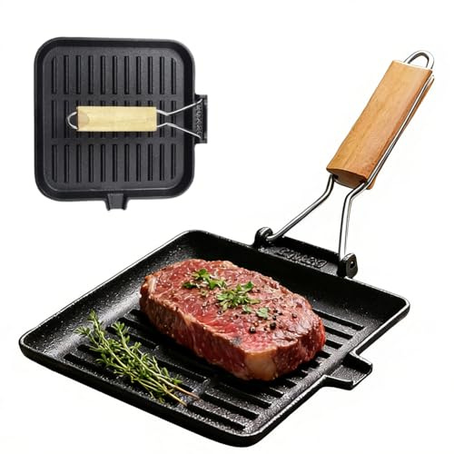 Piashow Sartén para carne, plancha de hierro fundido para inducción con mango de madera plegable, sartén cuadrada para inducción para todo tipo de cocinas, 20 x 20 cm