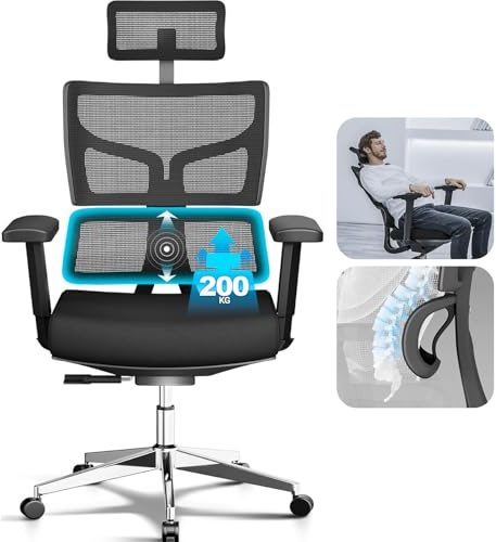 MELOKEA Silla de Oficina 200kg, Bloqueo en 3 Posiciones, Silla Ergonómica XXL, Ancha y Grande, para Altura Corporal 160-202 cm, Reposabrazos 3D, Apoyo Lumbar Dinámico Ergonómico, Silla de Escritorio
