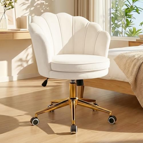 Hellove Chaise de Bureau, Velours Chaise Coiffeuse avec Pétale/Coquille Dossier, Fauteuil Coquillage Moderne avec Base Métallique Dorée, Fauteuil Coiffeuse pour Salon, Bureau, Chambre, Beige
