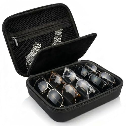 Rigute Organizador de Gafas Portátil con 5 Compartimentos y 4 Divisores Ajustables, Ranuras Organizador de Lentes de Sol Estuche Portátil de Almacenamiento para Hombres y Mujeres