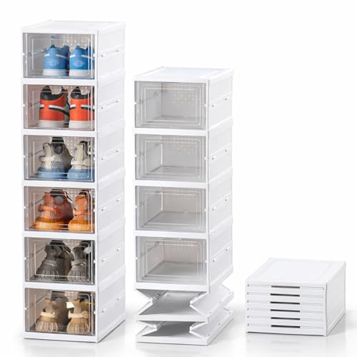 Scarpiera SALVASPAZIO Slim con Coperchio e Ventilazione, Scatole Per Scarpe Trasparenti Impilabili 6 Piani Pieghevoli – Contenitori Porta Scarpe fino alla Taglia 46 per Armadio, Ingresso e Altro