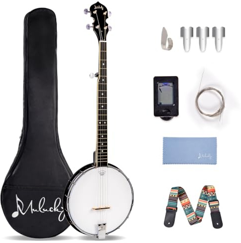Mulucky 5 String Banjo, Full Size with 24 Brackets, Open Back, Geared 5th Tuner, Beginner Kit Included, MB1107