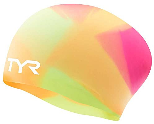 TYR Tie Dye Long Hair Silicone Swim Cap Youth, Pink Yellow Orange, NA