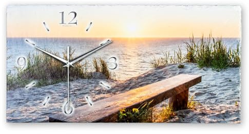 Kreative Feder Designer-Wanduhr Bank am Strand aus Stein mit Zeigern aus gebürstetem Aluminium - Designeruhr aus Stein mit flüsterleisem Uhrwerk (Bank am Strand, leises Funkuhrwerk)