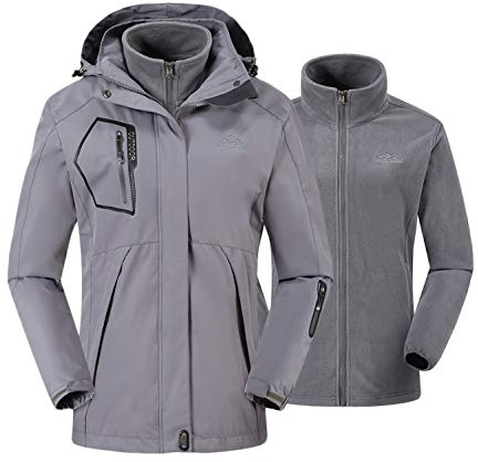 donhobo Damen Jacken 3-in-1 Fleece Gefüttert Winterjacke Winddicht Warm Verdickte Softshelljacke Wasserdicht Outdoor Wanderjacke Funktionsjacke Grau L