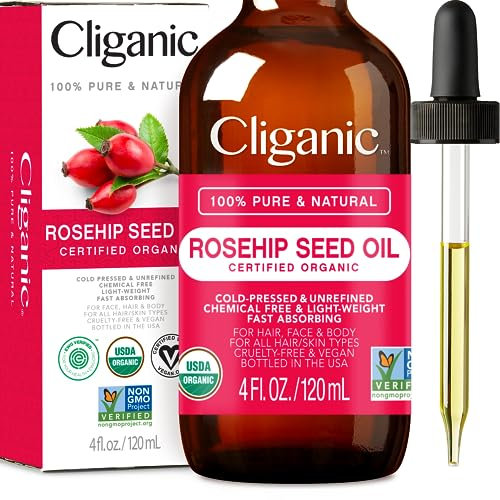 USDA Organic Rosehip Oil for Face, 100% Pure | Natural Cold Pressed Unrefined, Carrier Seed Oil for Skin, Hair & Nails | Certified Organic (120ml) | Cliganic 90 Days Warranty