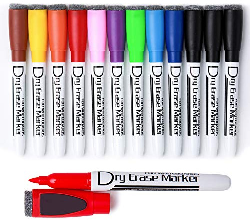 Volcanics Magnetic Dry Wipe Pens Dry Erase Markers With Eraser Cap Low Odor Fine Tip Whiteboard Pens Pack of 12,10 Colors