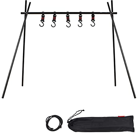 NUZAMAS Tripod Camping Hanging Rack With 5x Hook Cookware Storage Portable, Outdoor Camping Folding Rack, Cooking Tripod, Drying Clothes, Pot Roast, Grilling Picnic Camping BBQ Hanger