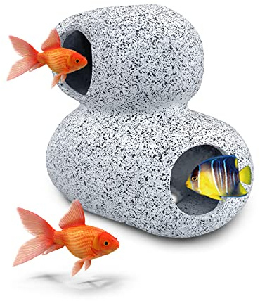 FuninCrea Fish Tank Decoration Accessories, Aquarium Decor Rock Caves Fighting Fish House Hide Place Tunnels Ceramic Aquarium Ornament for Shrimp Cichlid Masking and Breeding (Double Layer)