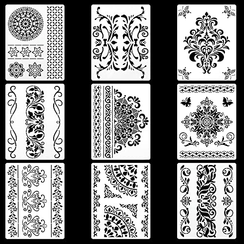 Blume Grenze Schablonen Mandala Vorlage - Wiederverwendbare Stencils Template für Zeichnung Malerei Wand Holz Boden Möbel Bodenfliesen Fliesen Stein Felsmalerei, 21x28cm, 9 Stück