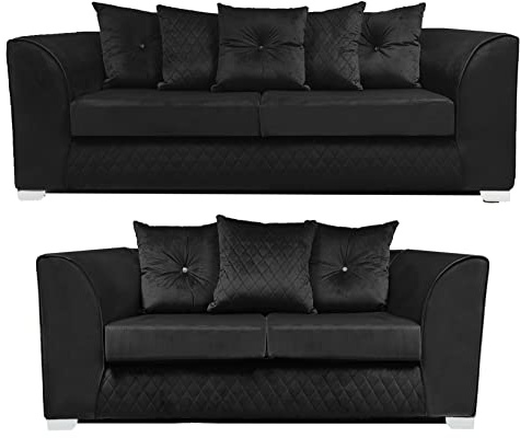 Victoria Black Plush Velvet Sofa Suite with Chrome Feet - 3, 2 Seaters for Living Rooms (Black, Sofa Set 3+2)